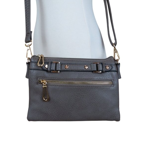 Women's Gray Vegan Leather Crossbody Bag Card Slots Zip Pocket Adjustable - Picture 1 of 8